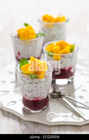 Healthy chia seed pudding with yogurt, raspberry mousse and fresh mango Stock Photo