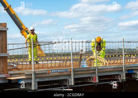 Taplow, Berkshire, UK. 10th September, 2020. Work is continuing on building new bridges across the M4 for the conversion of the M4 to a Smart Motorway. Building of the new widened bridge and road at Taplow just before Dorney village is progressing quickly. Credit: Maureen McLean/Alamy Live News Stock Photo