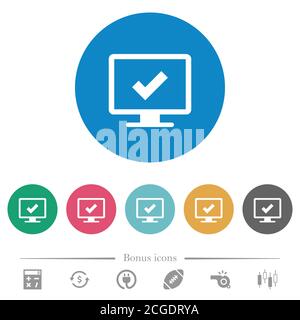 Accept display settings flat white icons on round color backgrounds. 6 bonus icons included. Stock Vector