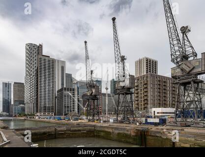 South Dock in London's Docklands. South of Canary Wharf it is the next big area for redevelopment. The area south of this dock is the Isle of Dogs. Stock Photo