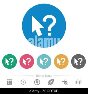 Help cursor flat white icons on round color backgrounds. 6 bonus icons included. Stock Vector