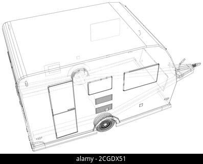 Camper Trailer. Van Caravan Vector illustration. Wire-frame line isolated. Vector rendering of 3d Stock Vector