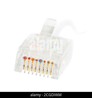 LAN internet ethernet broadband network connection rj45, isolated RJ-45 jack net connector plug and cable macro closeup, gentle bokeh concept, grey Stock Photo