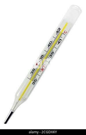 Thermometer, medical glass, Celsius centigrade fever scale, febrile spike, high body temperature concept pyrexial 40.0 degrees isolated vertical macro