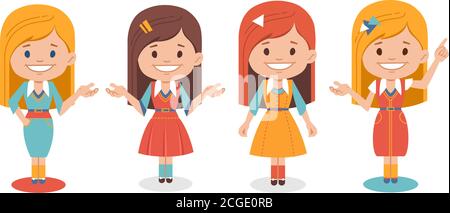 Smiling cute girls in different dress on white background. Set of women in different poses. Cartoon characters for animation, presentation, Stock Vector