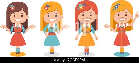 Smiling cute girls in different dress isolated on white background. Set of women in different poses.Cartoon characters for animation, presentation, Stock Vector