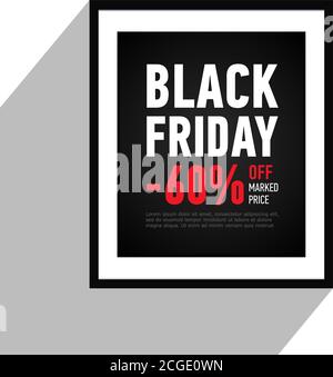 Black Friday sale poster on wall. Sale 60 off sitewide. Black banner in flat style. Shopping online. Advertising banner. Vector Stock Vector