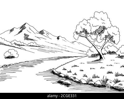 Mountain river graphic black white landscape sketch illustration vector ...