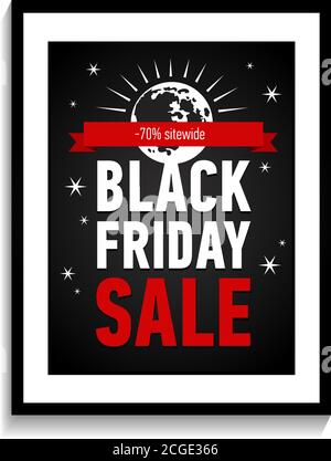 Black friday sale poster in frame on white wall. Black Friday sale inscription design template. Trendy sale poster. Sale -70 sitewide. Stock Vector