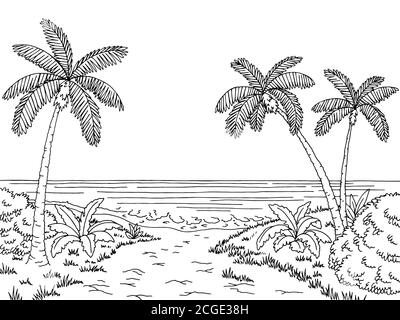 Sea coast graphic black white landscape sketch illustration vector ...