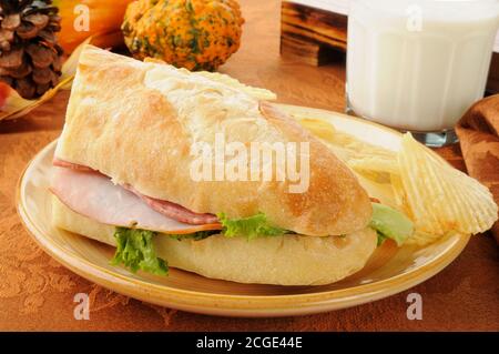 Ham and salami with provolone cheese on ciabatta bread Stock Photo