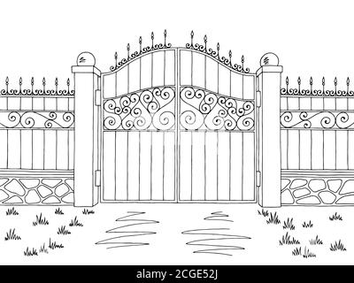 Wall fence gate graphic black white landscape sketch illustration vector Stock Vector