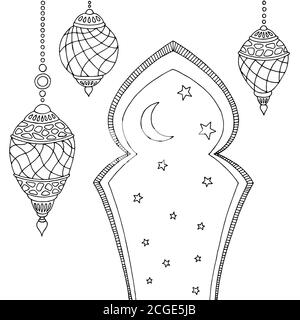 Ramadan lamps graphic moon star black white sketch illustration vector Stock Vector
