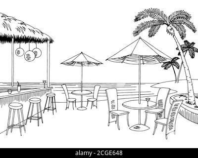 Beach cafe bar graphic black white landscape sketch illustration vector Stock Vector