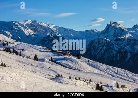 View of a Ski Slope above Champagny-en-Vanoise, French Alps Stock Photo