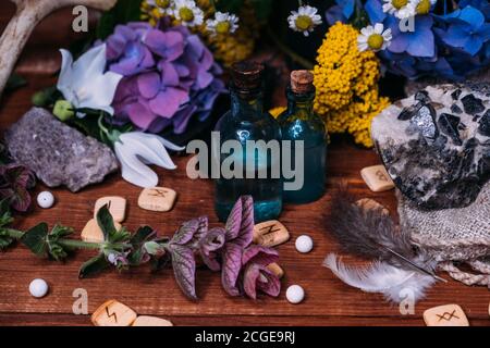 Magic potion bottle. Witchcraft halloween concept with potions, herbs and occult equipment. Magical still life with copy space on a dark background. Stock Photo