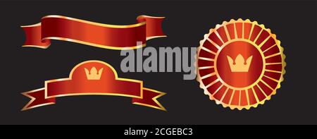 Golden and red color ribbon, banner and badge collection. Vector illustration. Stock Vector
