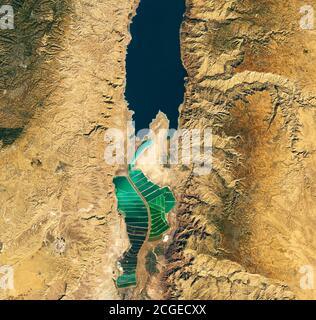 Aerial image of salt ponds beside the Dead Sea in the Jordan Rift Valley Stock Photo
