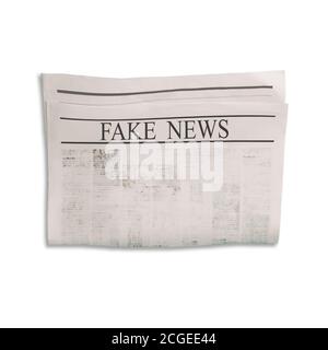 Mockup of Fake News newspaper blank with unreadable text. Isolated on white background. News paper with headline. Vintage old gray beige sepia grunge Stock Photo