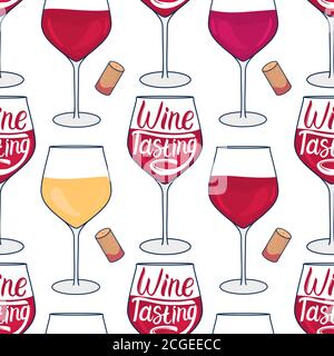 Wineglass seamless pattern. Wine Tasting lettering inscription. Vector hand drawn illustration isolated on white background. Red and white drink Stock Vector