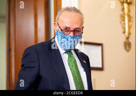Washington, DC, USA. 10th Sep, 2020. September 10, 2020 - Washington, DC, United States: U. S. Senator CHUCK SCHUMER (D-NY) wearing a New York State themed face mask at a press conference to present a ''clean, just economic recovery plan' Credit: Michael Brochstein/ZUMA Wire/Alamy Live News Stock Photo