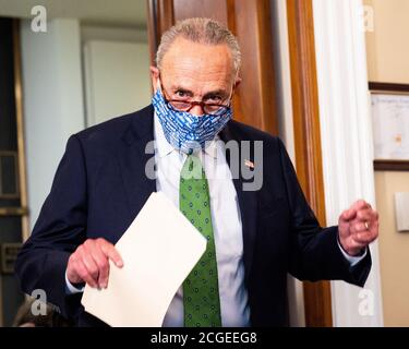 Washington, U.S. 10th Sep, 2020. September 10, 2020 - Washington, DC, United States: U. S. Senator Chuck Schumer (D-NY) wearing a New York State themed face mask at a press conference to present a 'clean, just economic recovery plan'. (Photo by Michael Brochstein/Sipa USA) Credit: Sipa USA/Alamy Live News Stock Photo