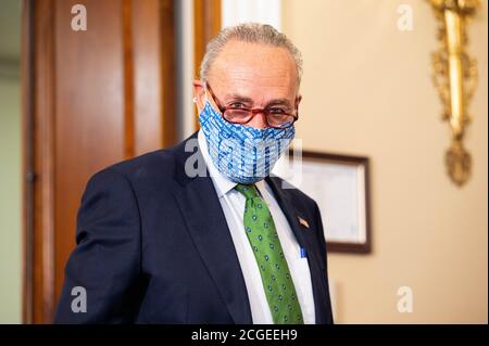 Washington, U.S. 10th Sep, 2020. September 10, 2020 - Washington, DC, United States: U. S. Senator Chuck Schumer (D-NY) wearing a New York State themed face mask at a press conference to present a 'clean, just economic recovery plan'. (Photo by Michael Brochstein/Sipa USA) Credit: Sipa USA/Alamy Live News Stock Photo