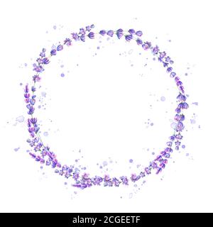 Lavender flowers purple watercolor round frame isolated on white background. Watercolour hand drawn floral circle illustration. Design element for inv Stock Photo