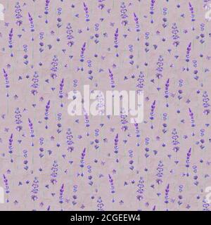 Lavender flowers watercolor seamless pattern on gray purple color old paper grunge background. Watercolour hand drawn botanical texture illustration. Stock Photo