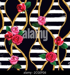 Golden rope chains, rose seamless pattern. Watercolor hand drawn fashion texture with gold chain ropes, roses on black and striped background. Waterco Stock Photo