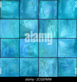 Abstract geometric seamless pattern. Marble teal blue turquoise hand drawn watercolor artwork with simple squares shapes figures. Watercolour mosaic t Stock Photo