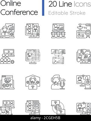Online conference linear icons set Stock Vector