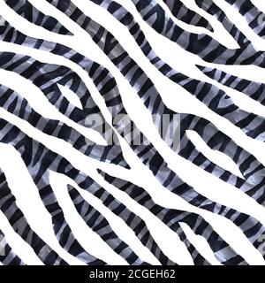 Black and white abstract monochrome zebra striped textured seamless pattern background. Watercolor hand drawn animal fur skin texture. Print for texti Stock Photo
