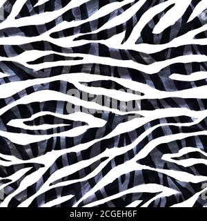 Black and white abstract monochrome zebra striped textured seamless pattern background. Watercolor hand drawn animal fur skin texture. Print for texti Stock Photo