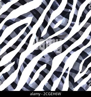 Black and white abstract monochrome zebra striped textured seamless pattern background. Watercolor hand drawn animal fur skin texture. Print for texti Stock Photo