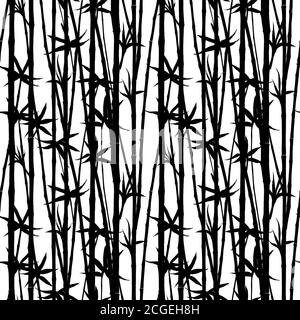 Bamboo silhouettes stems and leaves seamless pattern background. Hand drawn black and white botanical texture illustration. Print for textile, wallpap Stock Photo