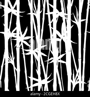 Bamboo silhouettes stems and leaves seamless pattern background. Hand drawn black and white botanical texture illustration. Print for textile, wallpap Stock Photo