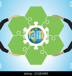 Earth with surrondings puzzle pieces held by hands. Vector illustration. Stock Vector