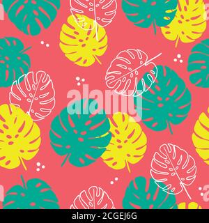 Floral seamless pattern of tropical leaves in flat style. Colorful monstera leaf endless background for textile print, fabrics, wrapping paper, season Stock Vector