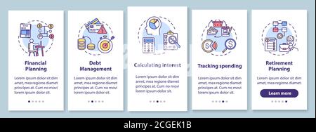 Financial literacy objectives onboarding mobile app page screen with concepts Stock Vector