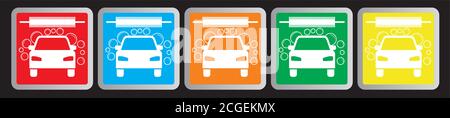Five alternatives for car wash. Buttons, signs with silver frame. Vector illustration, EPS10. Stock Vector