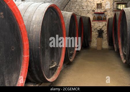 Câlnic, Romania, large wine barrels in the cellar. Rumänien, große Weinfässer im Keller. Rumanía, grandes toneles de vino en la bodega. Beczki z winem Stock Photo