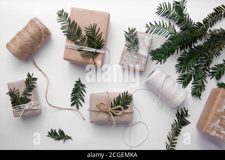 Hand made gifts for Christmas on white table Stock Photo