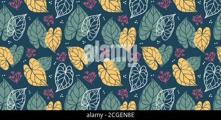 Floral background of leaves in flat style. Colorful leaf endless background for textile print, fabrics, wrapping paper, season design, card Stock Vector