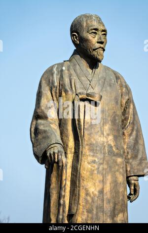 Statue of the Korean patriot Lee Sang-Jae known by his pen name Wolnam outside Jongmyo Park in Seoul, South Korea. Wolnam was an activist who played a major role in national independence from Japan. Stock Photo