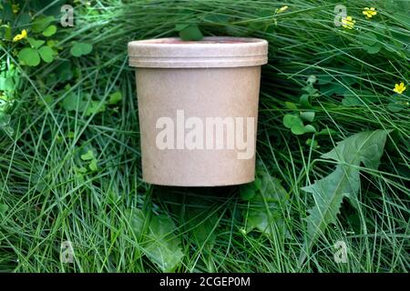 Paper cup with a lid. Brown glass on the grass top view. Paper products, disposable tableware. Stock Photo
