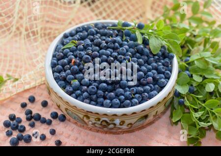 Freshly picked blueberries in a clay bowl on a terry towel. Healthy nutrition. Organic. Closeup. Shallow depth of field. Stock Photo