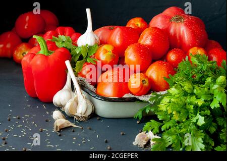 fresh vegetables for making sauce, ripe red tomatoes, bunch of green parsley, red pepper, garlic and spices on dark background Stock Photo