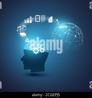 Machine Learning, Artificial Intelligence, Cloud Computing and Digital Networks Design Concept with Icons and Human Head - Information Processing Stock Vector