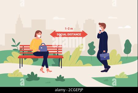 Outdoor social distance infographic vector illustration. Cartoon people distancing, woman character sitting on bench in city summer park, businessman walking at preventive safety distance background Stock Vector